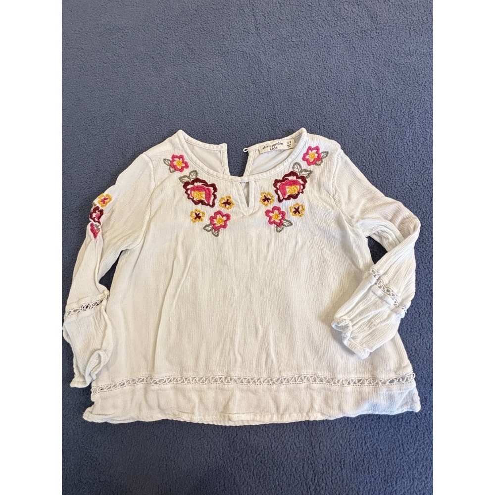 Abercrombie Blouse Top Kids 7/8 White‎ Embroidered Floral Lace Trim Keyhole Back